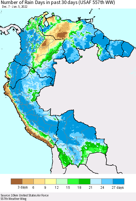Northern South America Number of Rain Days in past 30 days (USAF 557th WW) 01/05/2022 Thematic Map For 1/1/2022 - 1/5/2022