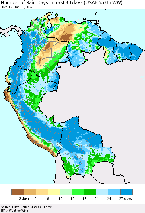 Northern South America Number of Rain Days in past 30 days (USAF 557th WW) 01/10/2022 Thematic Map For 1/6/2022 - 1/10/2022