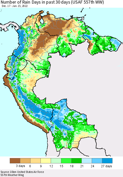 Northern South America Number of Rain Days in past 30 days (USAF 557th WW) 01/15/2022 Thematic Map For 1/11/2022 - 1/15/2022