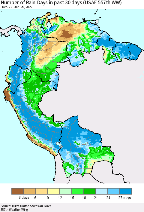 Northern South America Number of Rain Days in past 30 days (USAF 557th WW) 01/20/2022 Thematic Map For 1/16/2022 - 1/20/2022