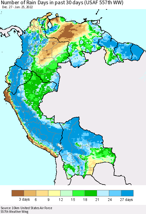 Northern South America Number of Rain Days in past 30 days (USAF 557th WW) 01/25/2022 Thematic Map For 1/21/2022 - 1/25/2022