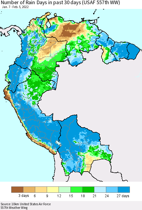 Northern South America Number of Rain Days in past 30 days (USAF 557th WW) 02/05/2022 Thematic Map For 2/1/2022 - 2/5/2022