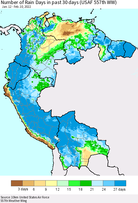 Northern South America Number of Rain Days in past 30 days (USAF 557th WW) 02/10/2022 Thematic Map For 2/6/2022 - 2/10/2022