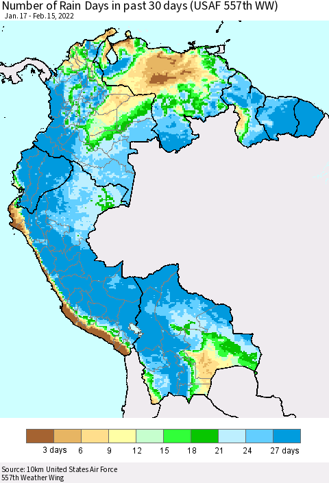 Northern South America Number of Rain Days in past 30 days (USAF 557th WW) 02/15/2022 Thematic Map For 2/11/2022 - 2/15/2022