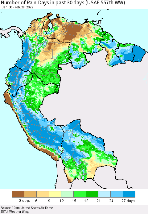 Northern South America Number of Rain Days in past 30 days (USAF 557th WW) 02/28/2022 Thematic Map For 2/26/2022 - 2/28/2022