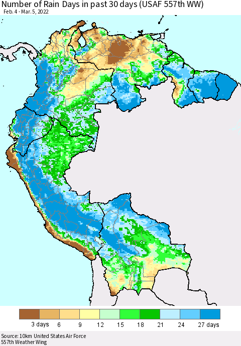 Northern South America Number of Rain Days in past 30 days (USAF 557th WW) 03/05/2022 Thematic Map For 3/1/2022 - 3/5/2022