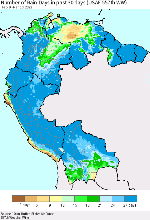 Northern South America Number of Rain Days in past 30 days (USAF 557th WW) 03/10/2022 Thematic Map For 3/6/2022 - 3/10/2022