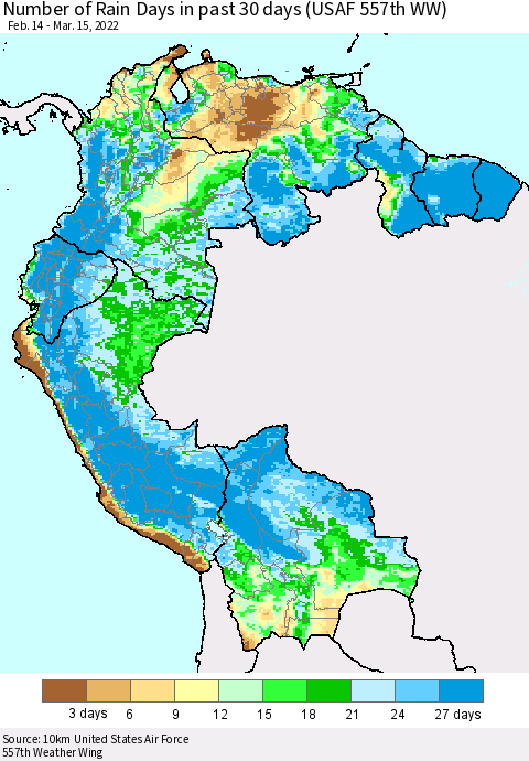 Northern South America Number of Rain Days in past 30 days (USAF 557th WW) 03/15/2022 Thematic Map For 3/11/2022 - 3/15/2022