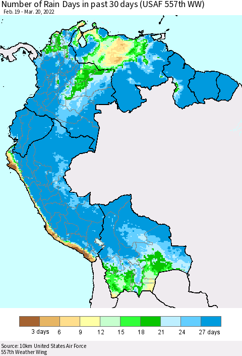 Northern South America Number of Rain Days in past 30 days (USAF 557th WW) 03/20/2022 Thematic Map For 3/16/2022 - 3/20/2022