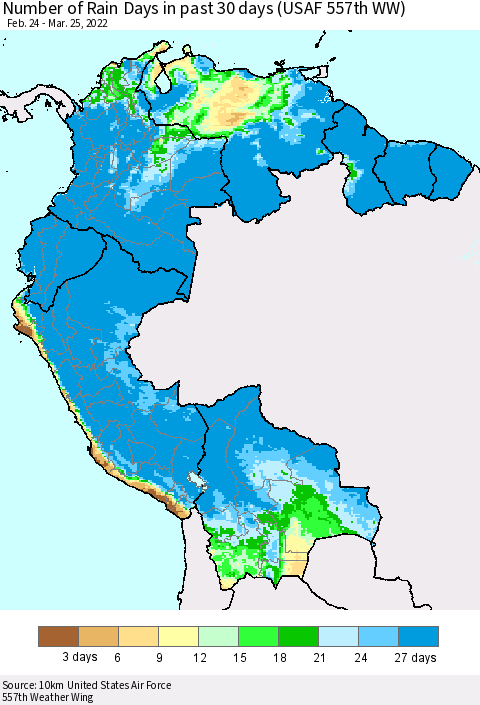 Northern South America Number of Rain Days in past 30 days (USAF 557th WW) 03/25/2022 Thematic Map For 3/21/2022 - 3/25/2022