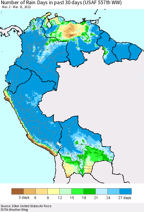 Northern South America Number of Rain Days in past 30 days (USAF 557th WW) 03/31/2022 Thematic Map For 3/26/2022 - 3/31/2022