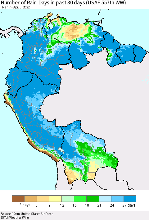 Northern South America Number of Rain Days in past 30 days (USAF 557th WW) 04/05/2022 Thematic Map For 4/1/2022 - 4/5/2022