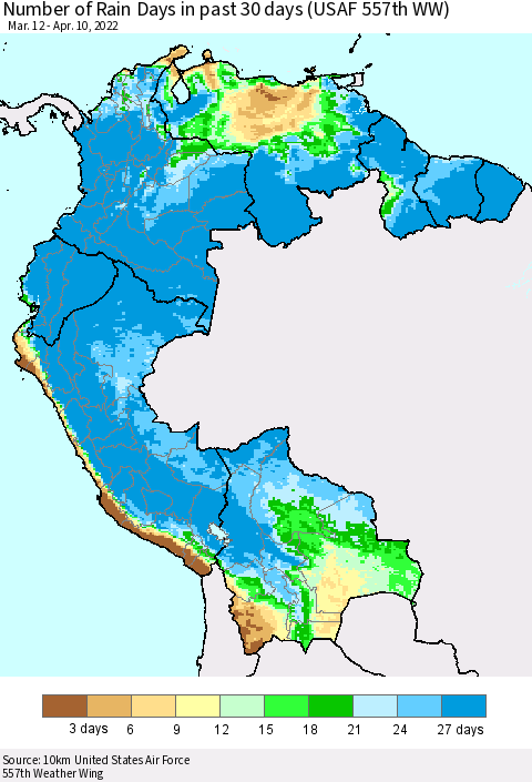 Northern South America Number of Rain Days in past 30 days (USAF 557th WW) 04/10/2022 Thematic Map For 4/6/2022 - 4/10/2022