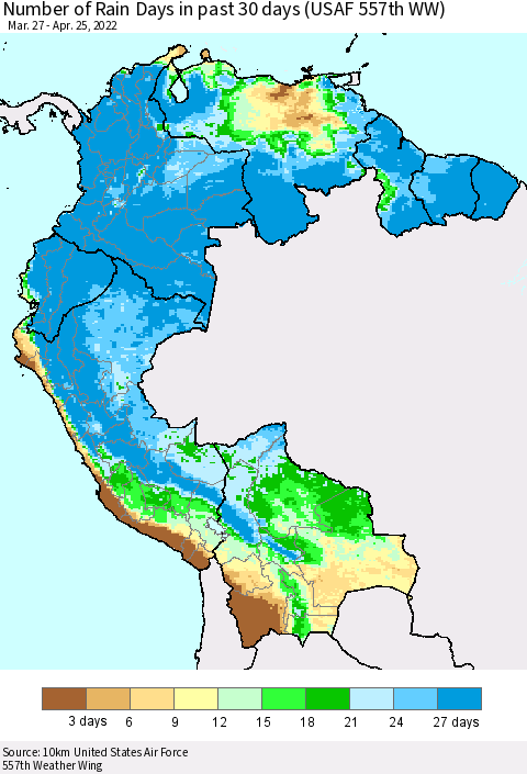 Northern South America Number of Rain Days in past 30 days (USAF 557th WW) 04/25/2022 Thematic Map For 4/21/2022 - 4/25/2022