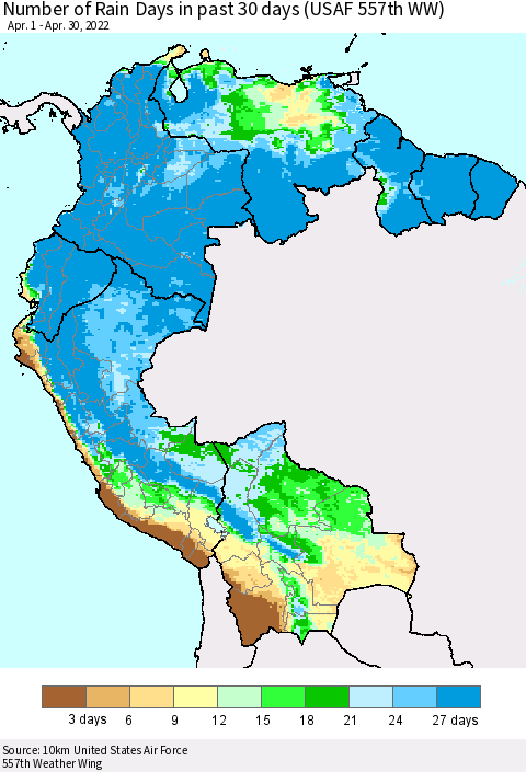 Northern South America Number of Rain Days in past 30 days (USAF 557th WW) 04/30/2022 Thematic Map For 4/26/2022 - 4/30/2022