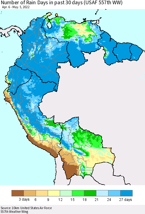 Northern South America Number of Rain Days in past 30 days (USAF 557th WW) 05/05/2022 Thematic Map For 5/1/2022 - 5/5/2022