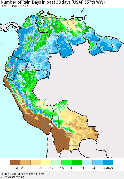 Northern South America Number of Rain Days in past 30 days (USAF 557th WW) 05/10/2022 Thematic Map For 5/6/2022 - 5/10/2022