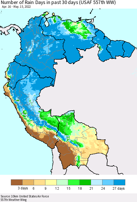 Northern South America Number of Rain Days in past 30 days (USAF 557th WW) 05/15/2022 Thematic Map For 5/11/2022 - 5/15/2022
