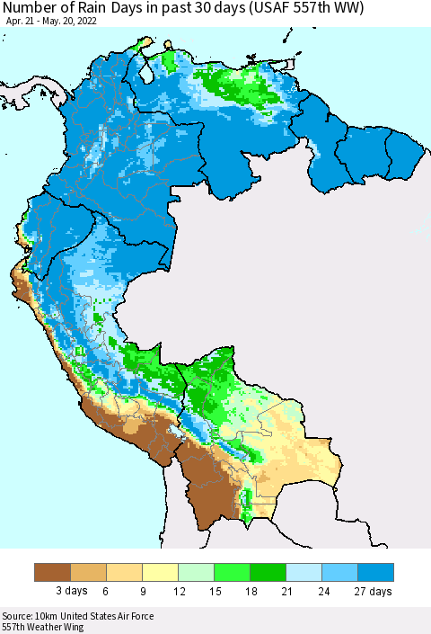 Northern South America Number of Rain Days in past 30 days (USAF 557th WW) 05/20/2022 Thematic Map For 5/16/2022 - 5/20/2022