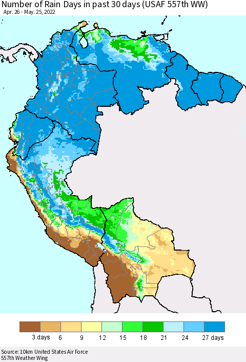 Northern South America Number of Rain Days in past 30 days (USAF 557th WW) 05/25/2022 Thematic Map For 5/21/2022 - 5/25/2022