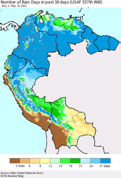 Northern South America Number of Rain Days in past 30 days (USAF 557th WW) 05/31/2022 Thematic Map For 5/26/2022 - 5/31/2022