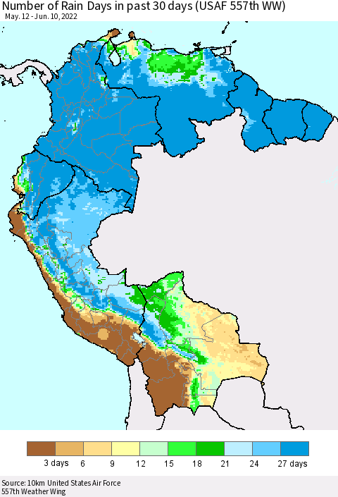 Northern South America Number of Rain Days in past 30 days (USAF 557th WW) 06/10/2022 Thematic Map For 6/6/2022 - 6/10/2022