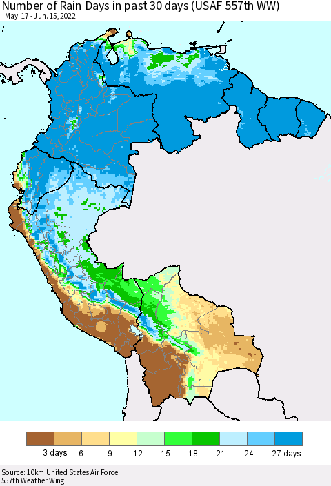 Northern South America Number of Rain Days in past 30 days (USAF 557th WW) 06/15/2022 Thematic Map For 6/11/2022 - 6/15/2022