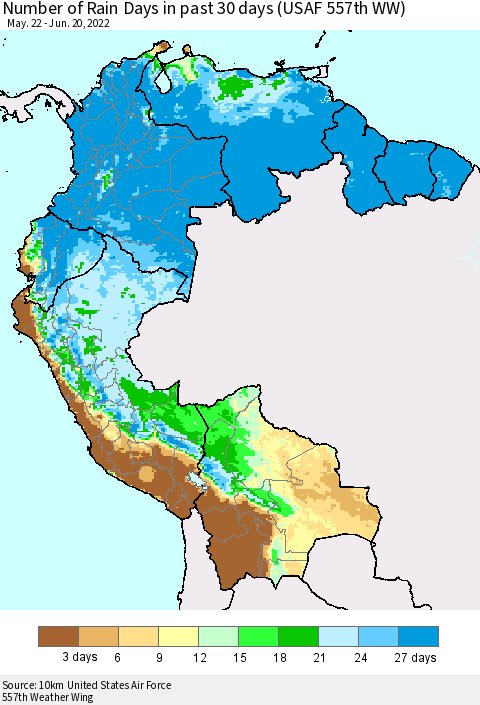 Northern South America Number of Rain Days in past 30 days (USAF 557th WW) 06/20/2022 Thematic Map For 6/16/2022 - 6/20/2022