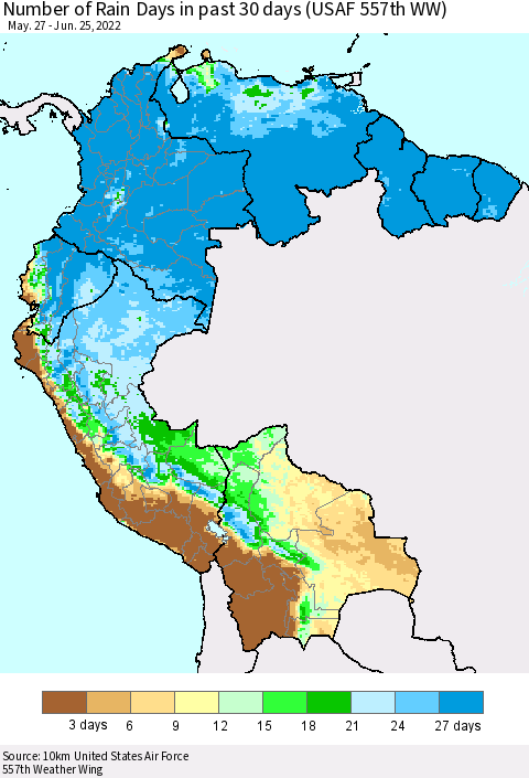 Northern South America Number of Rain Days in past 30 days (USAF 557th WW) 06/25/2022 Thematic Map For 6/21/2022 - 6/25/2022
