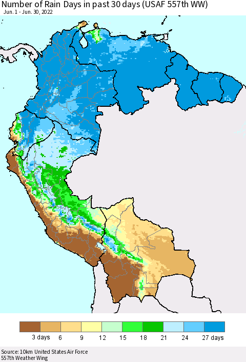 Northern South America Number of Rain Days in past 30 days (USAF 557th WW) 06/30/2022 Thematic Map For 6/26/2022 - 6/30/2022
