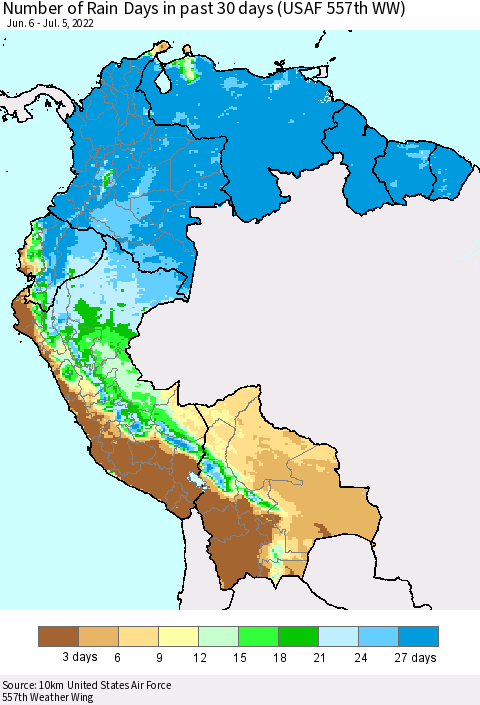 Northern South America Number of Rain Days in past 30 days (USAF 557th WW) 07/05/2022 Thematic Map For 7/1/2022 - 7/5/2022