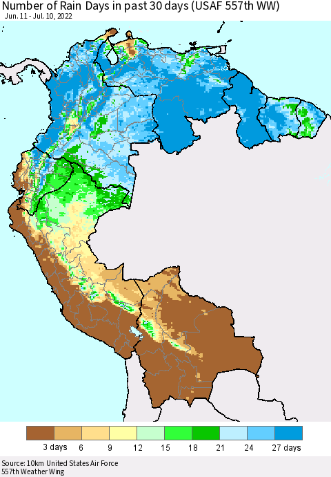 Northern South America Number of Rain Days in past 30 days (USAF 557th WW) 07/10/2022 Thematic Map For 7/6/2022 - 7/10/2022
