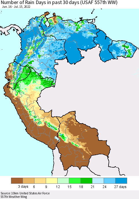 Northern South America Number of Rain Days in past 30 days (USAF 557th WW) 07/15/2022 Thematic Map For 7/11/2022 - 7/15/2022