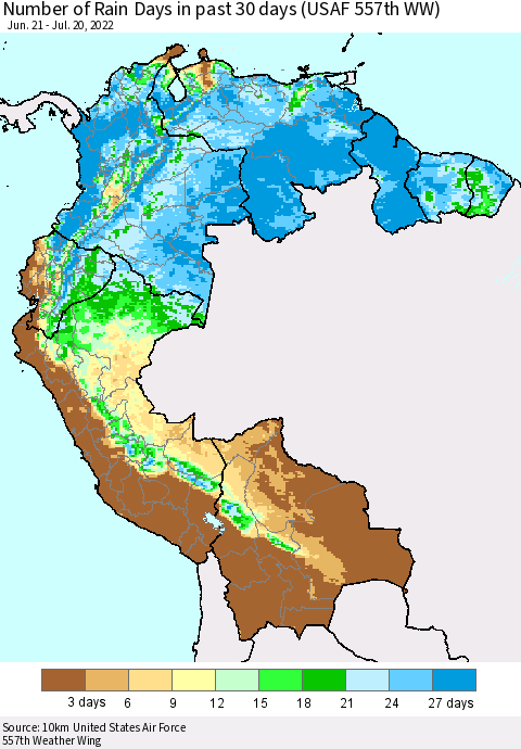 Northern South America Number of Rain Days in past 30 days (USAF 557th WW) 07/20/2022 Thematic Map For 7/16/2022 - 7/20/2022