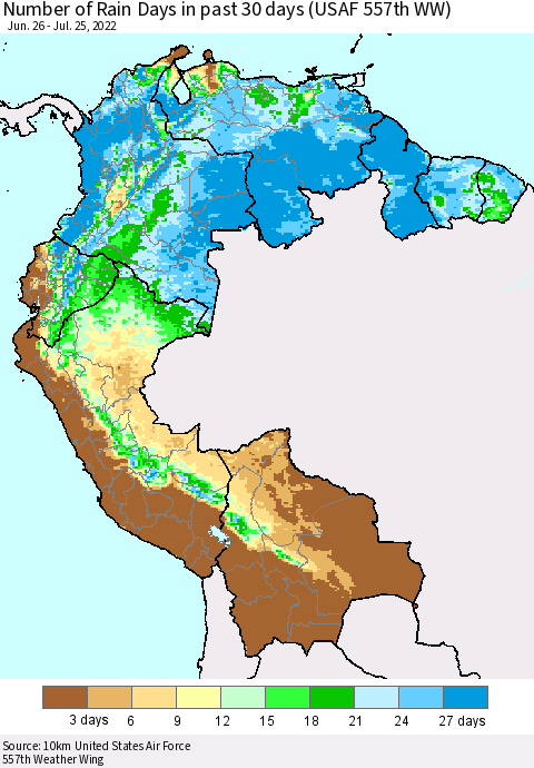 Northern South America Number of Rain Days in past 30 days (USAF 557th WW) 07/25/2022 Thematic Map For 7/21/2022 - 7/25/2022