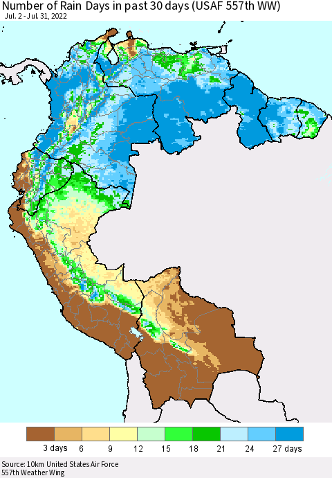 Northern South America Number of Rain Days in past 30 days (USAF 557th WW) 07/31/2022 Thematic Map For 7/26/2022 - 7/31/2022