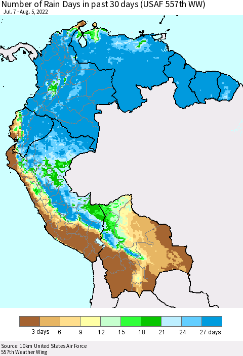 Northern South America Number of Rain Days in past 30 days (USAF 557th WW) 08/05/2022 Thematic Map For 8/1/2022 - 8/5/2022