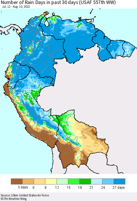 Northern South America Number of Rain Days in past 30 days (USAF 557th WW) 08/10/2022 Thematic Map For 8/6/2022 - 8/10/2022