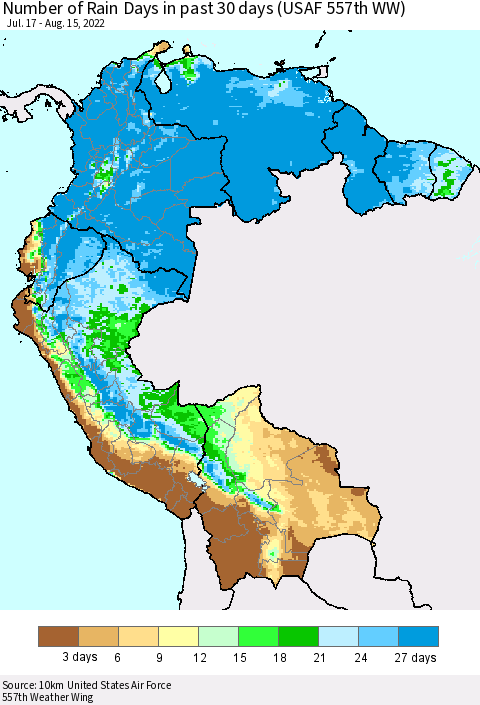 Northern South America Number of Rain Days in past 30 days (USAF 557th WW) 08/15/2022 Thematic Map For 8/11/2022 - 8/15/2022