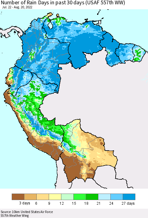 Northern South America Number of Rain Days in past 30 days (USAF 557th WW) 08/20/2022 Thematic Map For 8/16/2022 - 8/20/2022