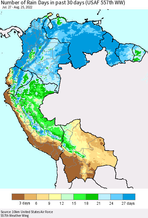 Northern South America Number of Rain Days in past 30 days (USAF 557th WW) 08/25/2022 Thematic Map For 8/21/2022 - 8/25/2022