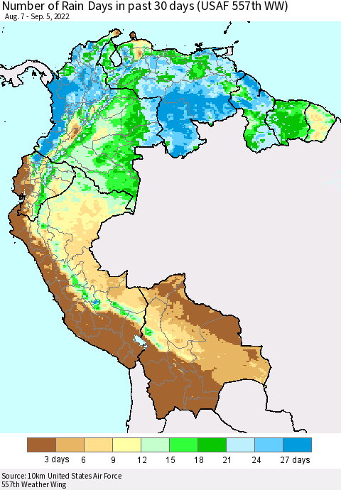 Northern South America Number of Rain Days in past 30 days (USAF 557th WW) 09/05/2022 Thematic Map For 9/1/2022 - 9/5/2022