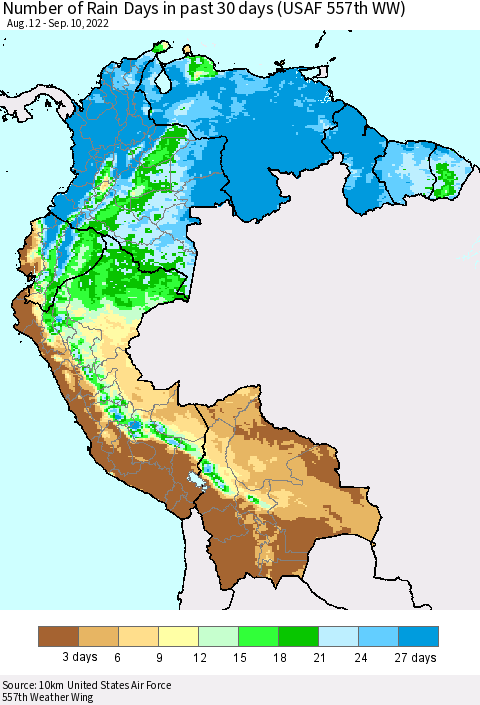 Northern South America Number of Rain Days in past 30 days (USAF 557th WW) 09/10/2022 Thematic Map For 9/6/2022 - 9/10/2022