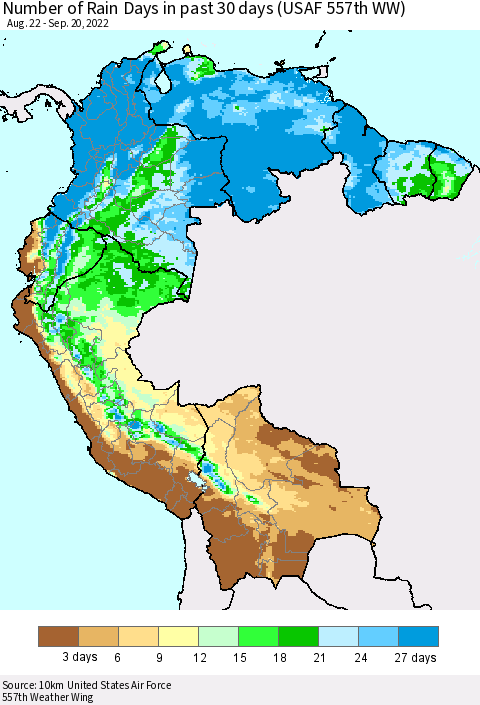 Northern South America Number of Rain Days in past 30 days (USAF 557th WW) 09/20/2022 Thematic Map For 9/16/2022 - 9/20/2022