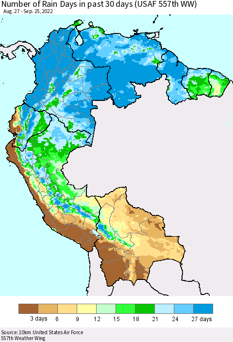 Northern South America Number of Rain Days in past 30 days (USAF 557th WW) 09/25/2022 Thematic Map For 9/21/2022 - 9/25/2022