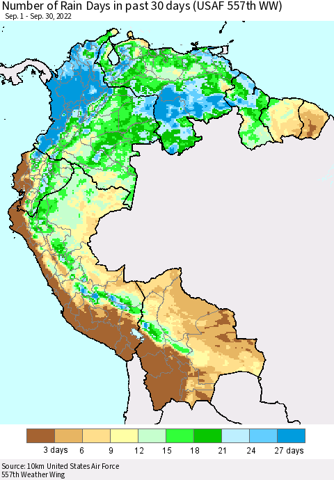 Northern South America Number of Rain Days in past 30 days (USAF 557th WW) 09/30/2022 Thematic Map For 9/26/2022 - 9/30/2022