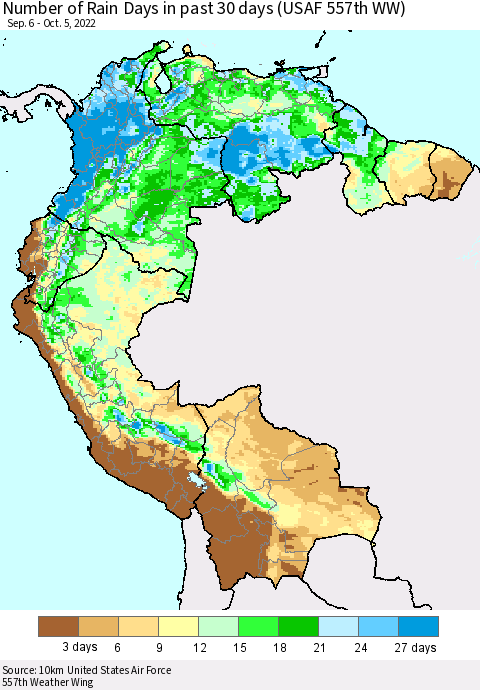 Northern South America Number of Rain Days in past 30 days (USAF 557th WW) 10/05/2022 Thematic Map For 10/1/2022 - 10/5/2022