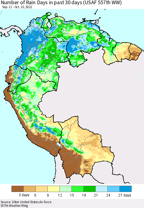 Northern South America Number of Rain Days in past 30 days (USAF 557th WW) 10/10/2022 Thematic Map For 10/6/2022 - 10/10/2022
