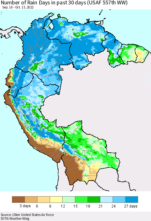 Northern South America Number of Rain Days in past 30 days (USAF 557th WW) 10/15/2022 Thematic Map For 10/11/2022 - 10/15/2022
