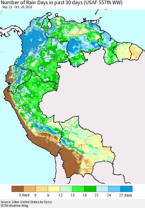 Northern South America Number of Rain Days in past 30 days (USAF 557th WW) 10/20/2022 Thematic Map For 10/16/2022 - 10/20/2022